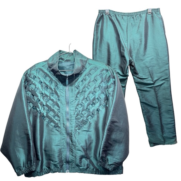 Vintage 90s 2 Pc Tracksuit Iridescent Forest Green  Jacket Elastic Waist Pants - Picture 1 of 8